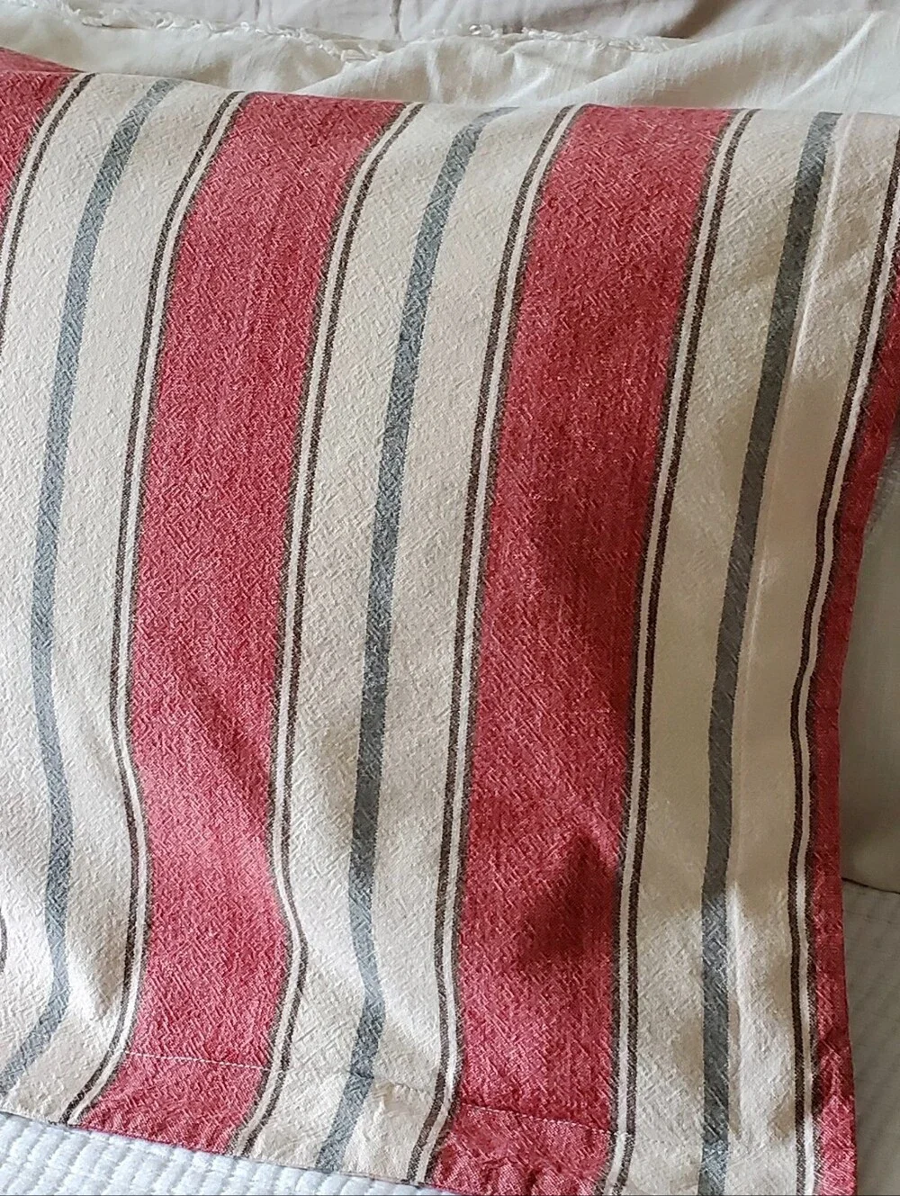 Pottery Barn Farmhouse Linen/Cotton Red/Cream Stripe Pillow Sham Set, Near New!
